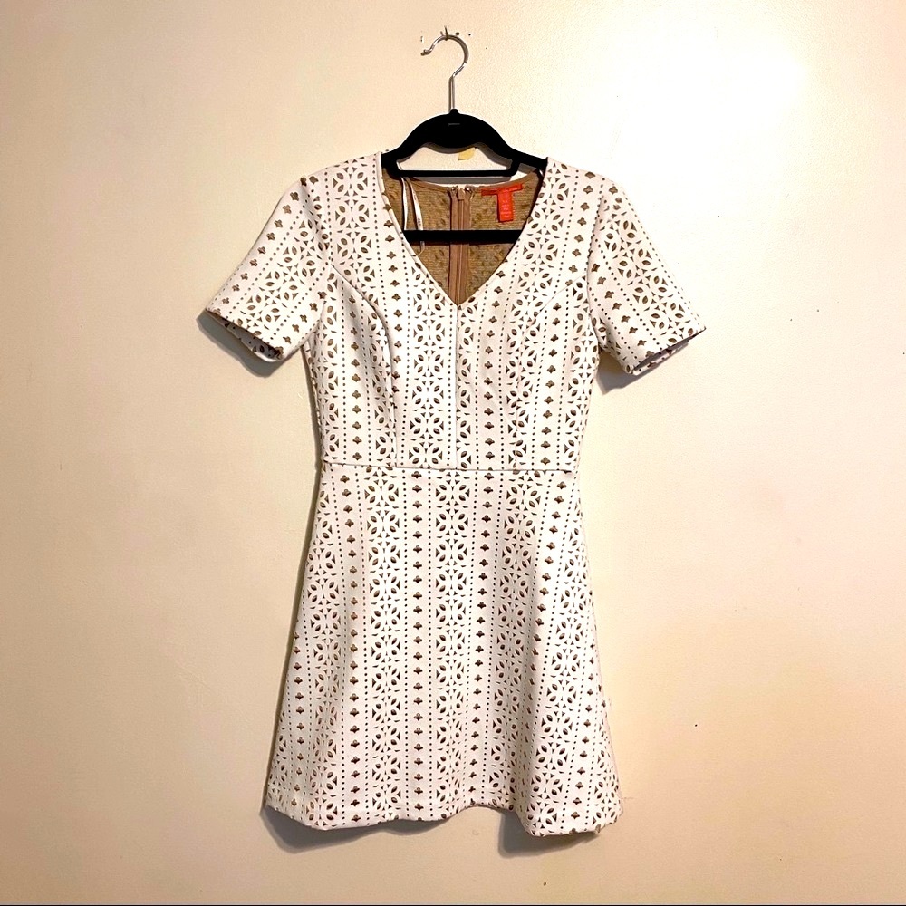 White Laser Cut Out Fit & Flare V-neck